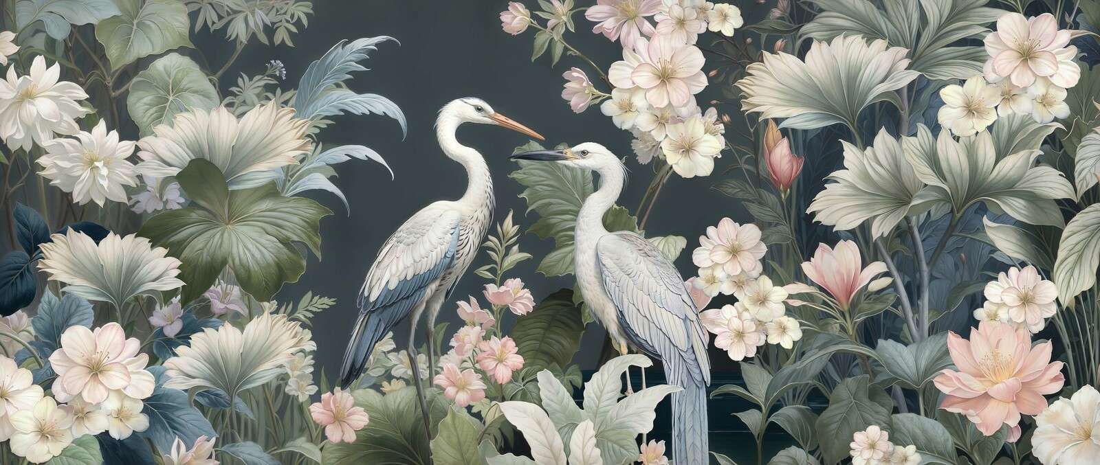 Garzas blancas entre flores suaves