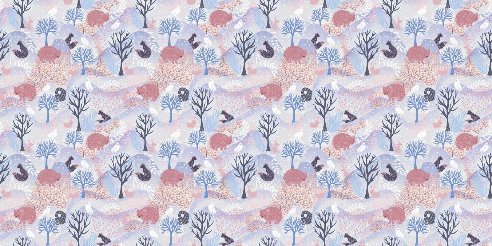 Paisaje forestal en pastel con osos y pájaros