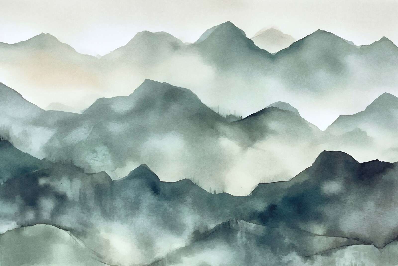 Paisaje en acuarela de montañas brumosas