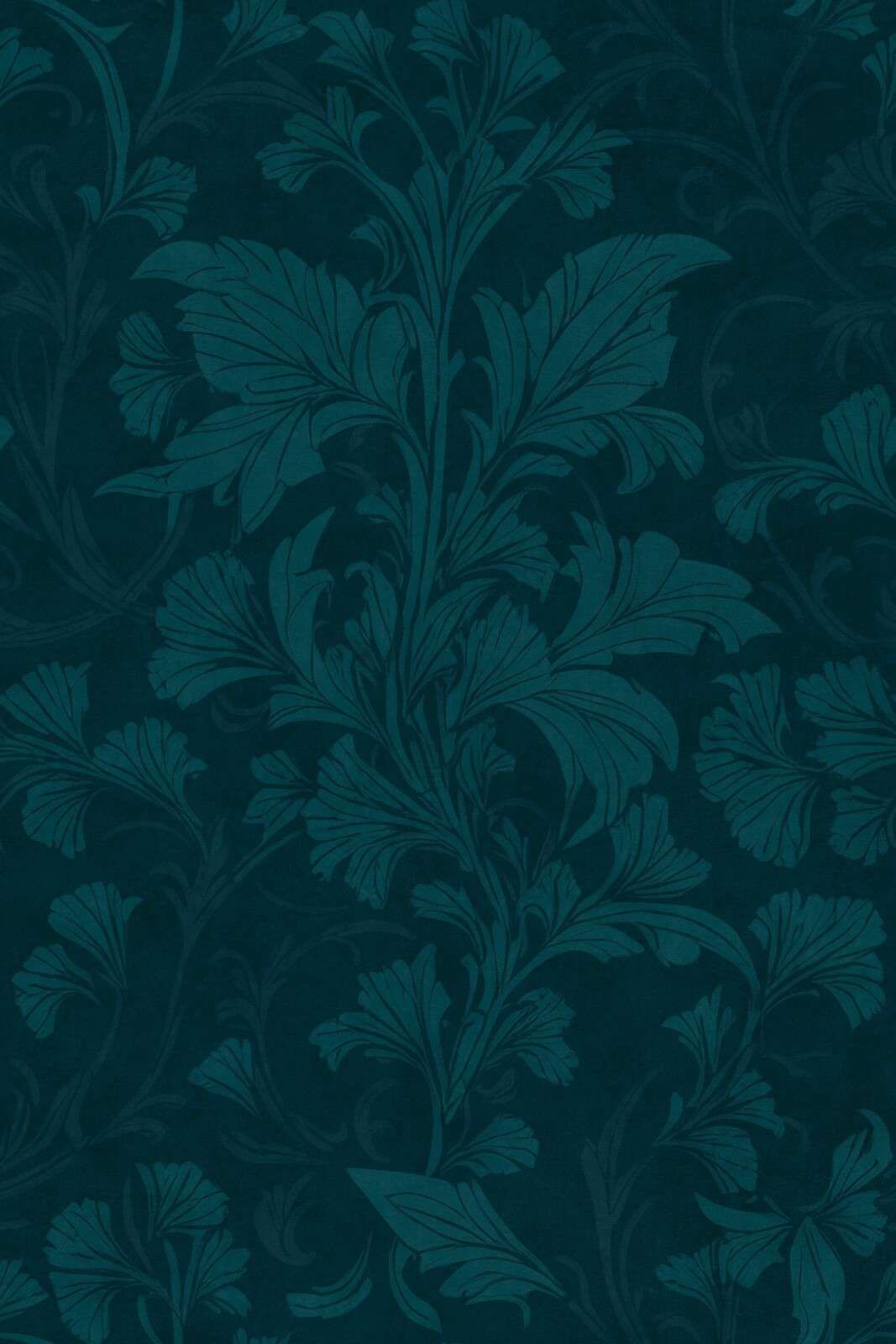 estampado damasco con filigranas en monocromo estilo William Morris en esmeralda y verde azulado
