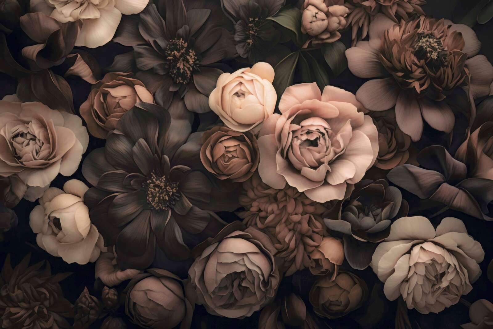 Flores barrocas opulentas, arte botánico melancólico en tonos rosa palo y marrón