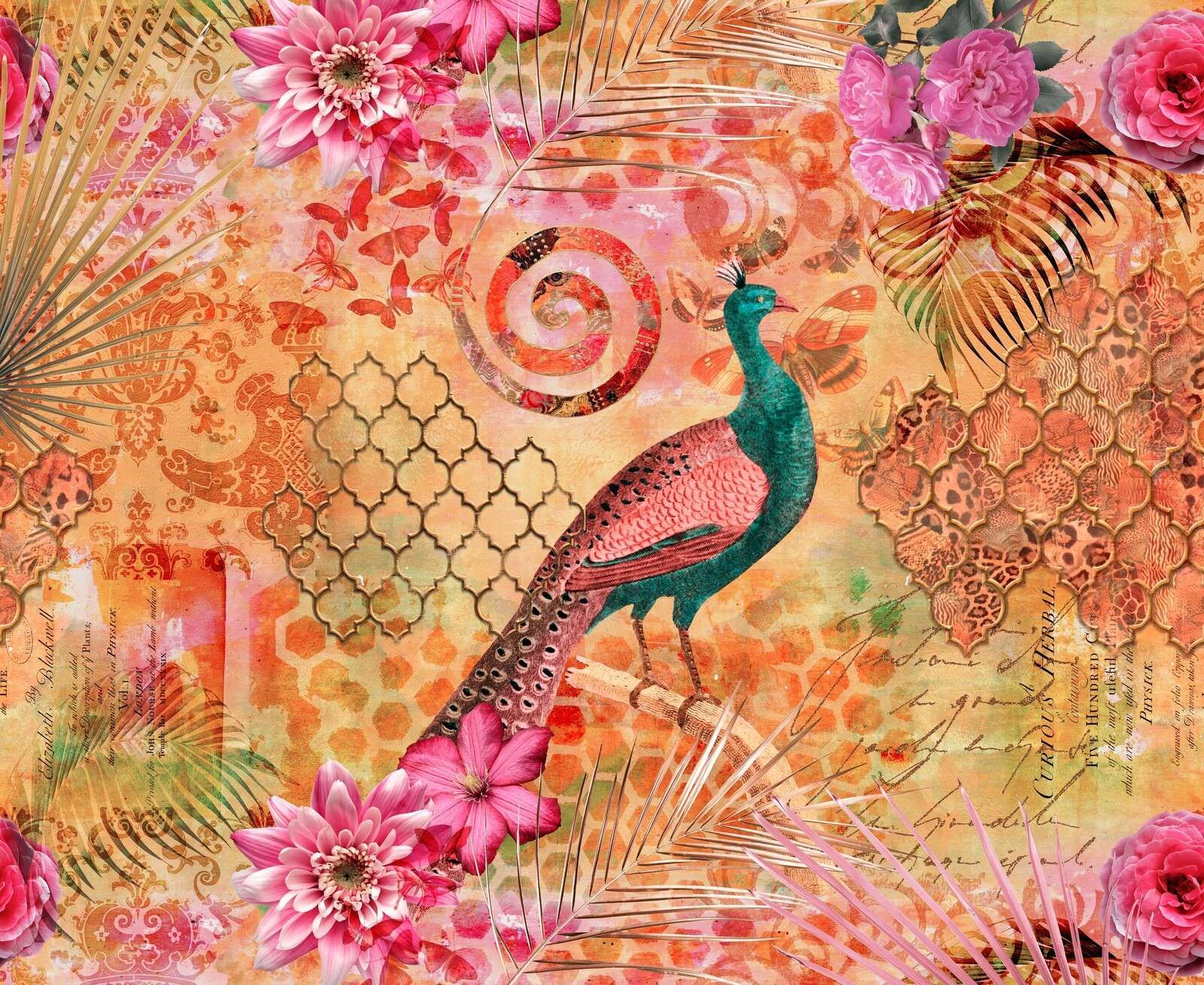 Collage fantástico de pavo real oriental majestuoso