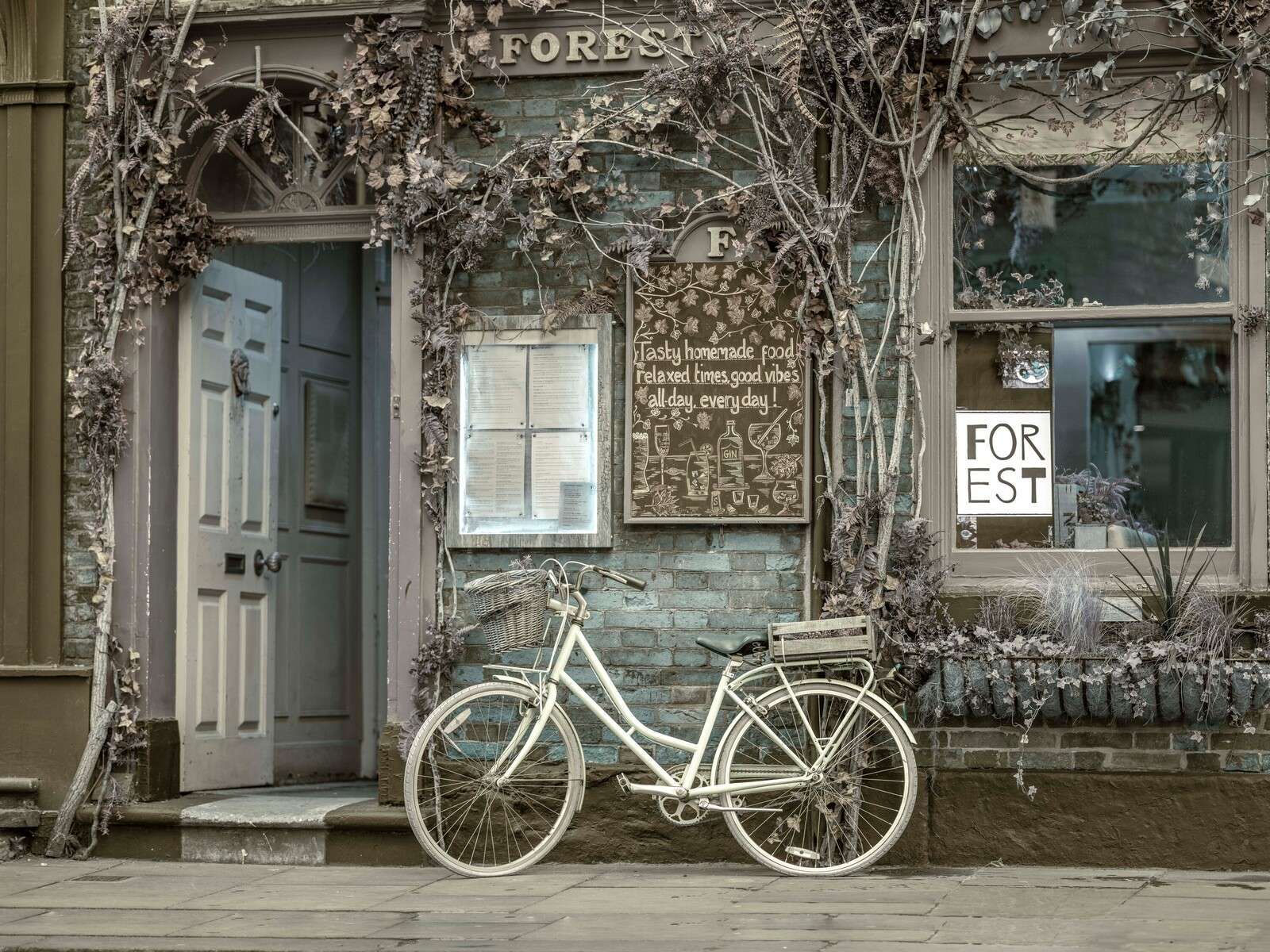 Bicicleta urbana vintage junto a una tienda con escaparate