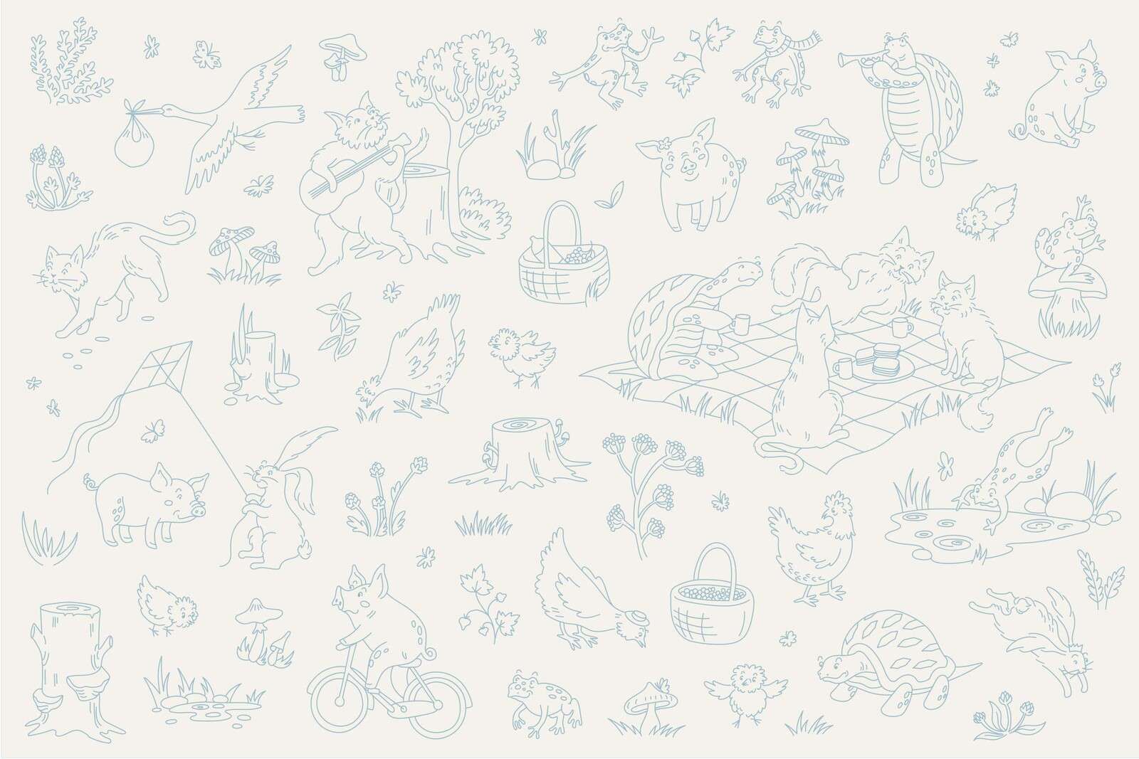 animales del bosque tranquilos beige y azul