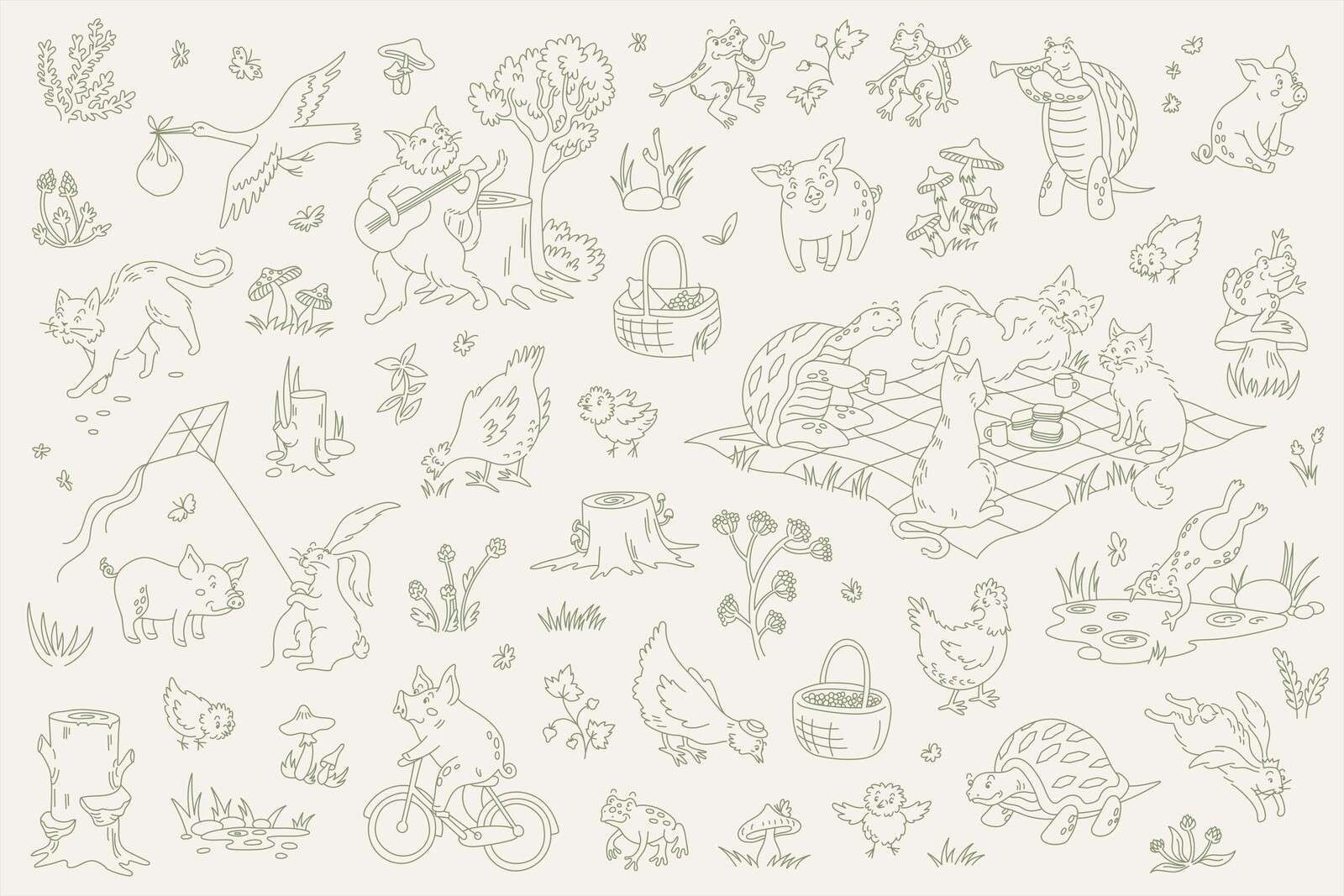 Animales del bosque tranquilos beige y verde oscuro