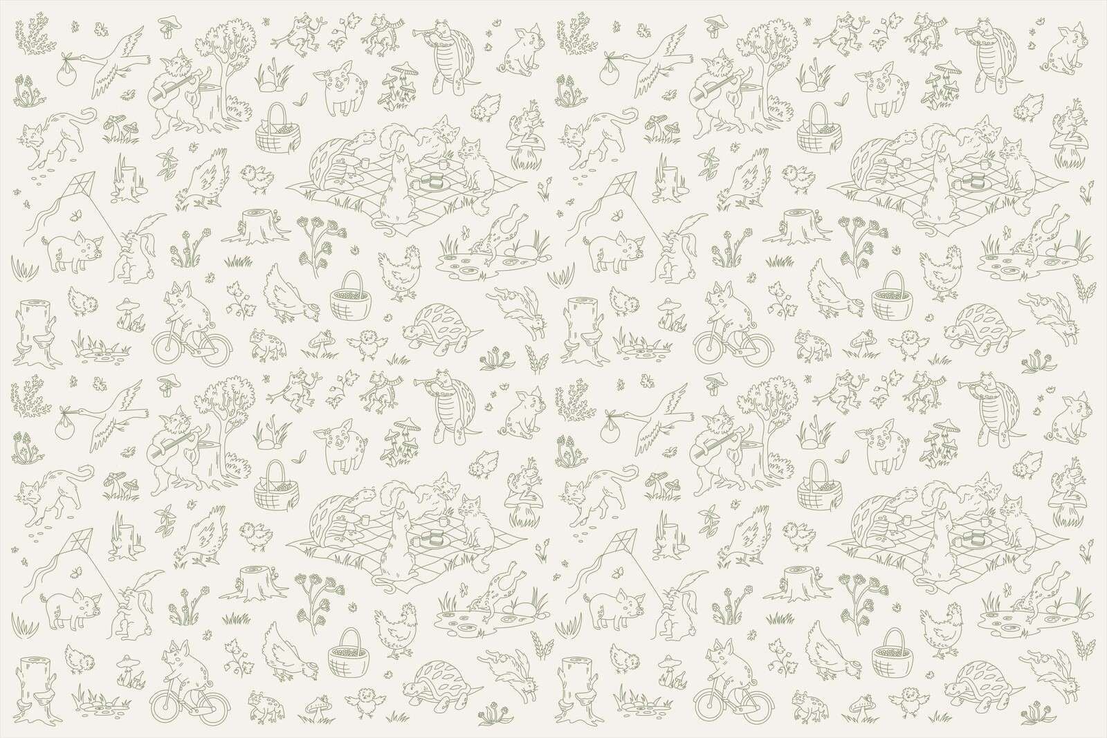Animales del bosque, estampado beige y verde oscuro tranquilo