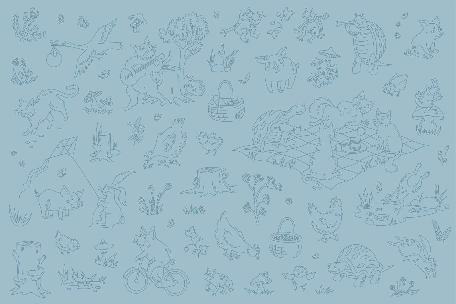 animales del bosque tranquilos azules