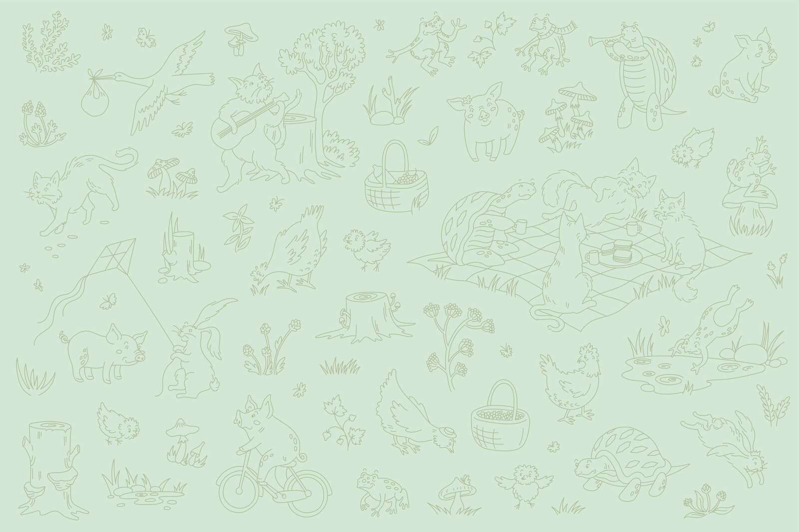 Animales del bosque tranquilos, luz verde menta