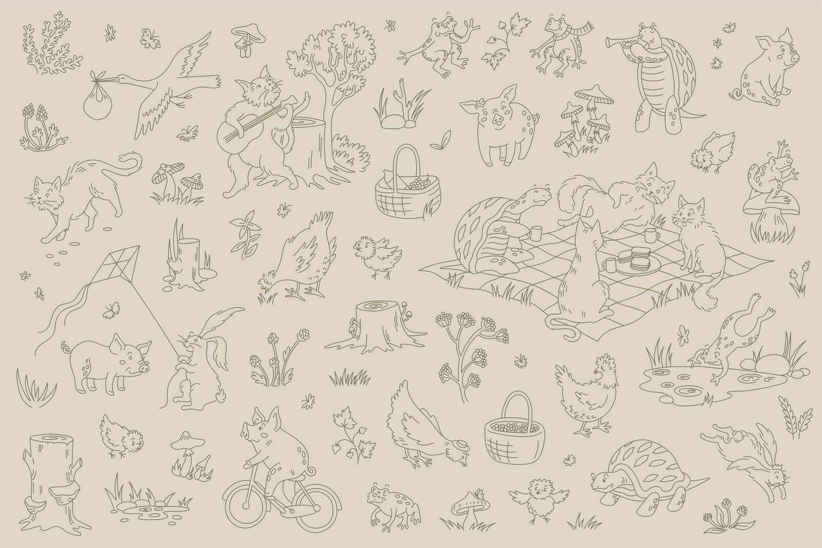 animales del bosque tranquilos verde topo