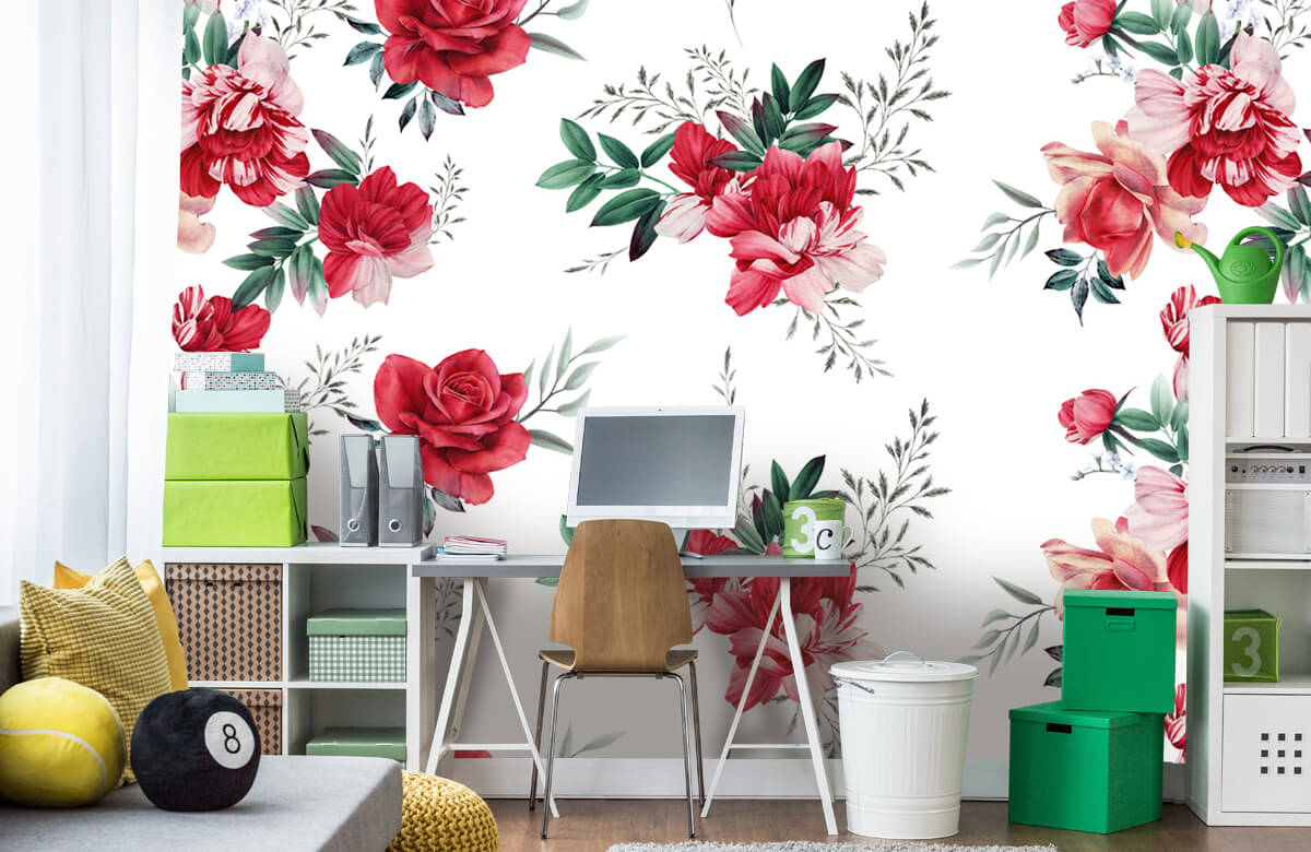 Flores, plantas y árboles Papel pintado con Patrón de rosas con hojas - Habitación 9