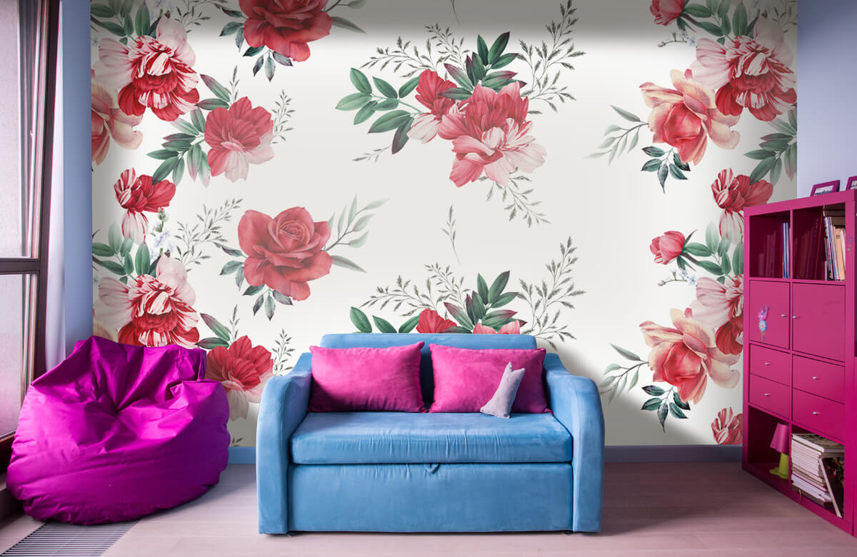 Flores, plantas y árboles Papel pintado con Patrón de rosas con hojas - Habitación 10