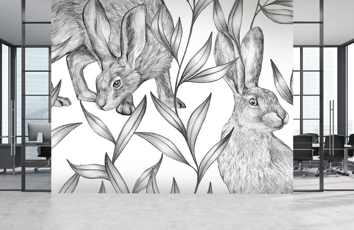 Animales Papel pintado con Liebre en blanco y negro - Habitación de los niños 7