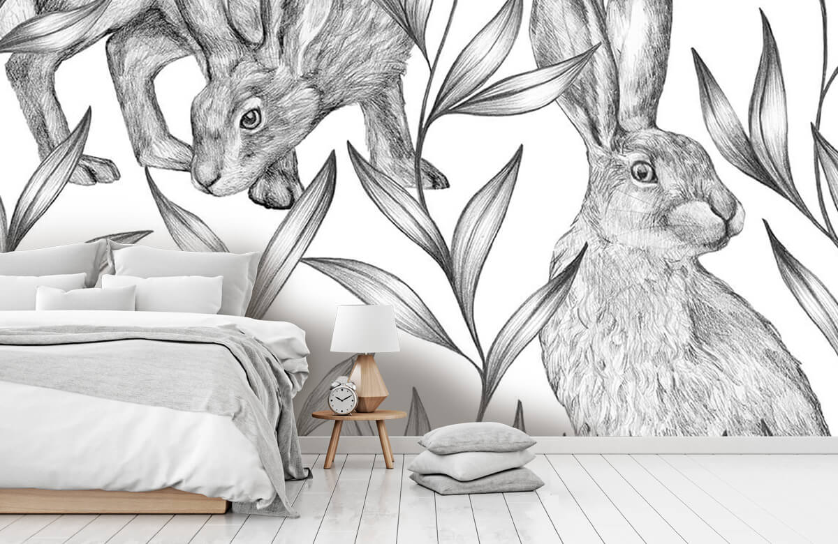 Animales Papel pintado con Liebre en blanco y negro - Habitación de los niños 11