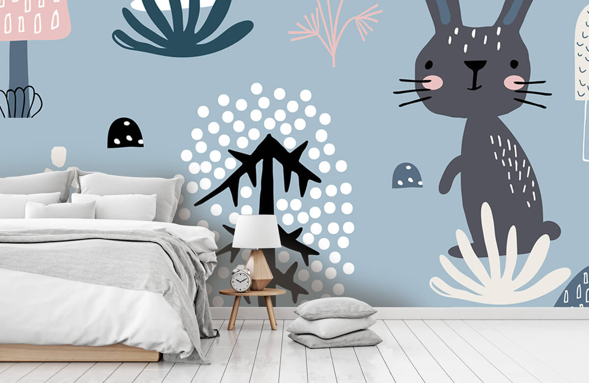 Animales Papel pintado con Patrón de conejo azul - Habitación de los niños 11