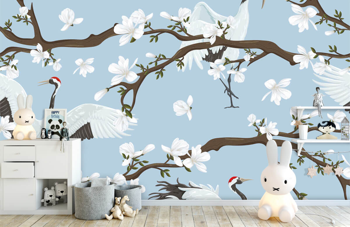 Animales Papel pintado con Grullas en las ramas de primavera - Habitación de los niños 4