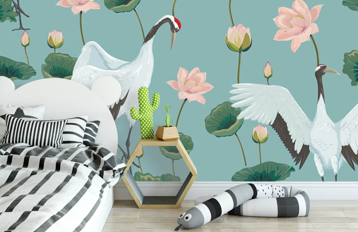 Animales Papel pintado con Grullas y flores - Habitación de los niños 4