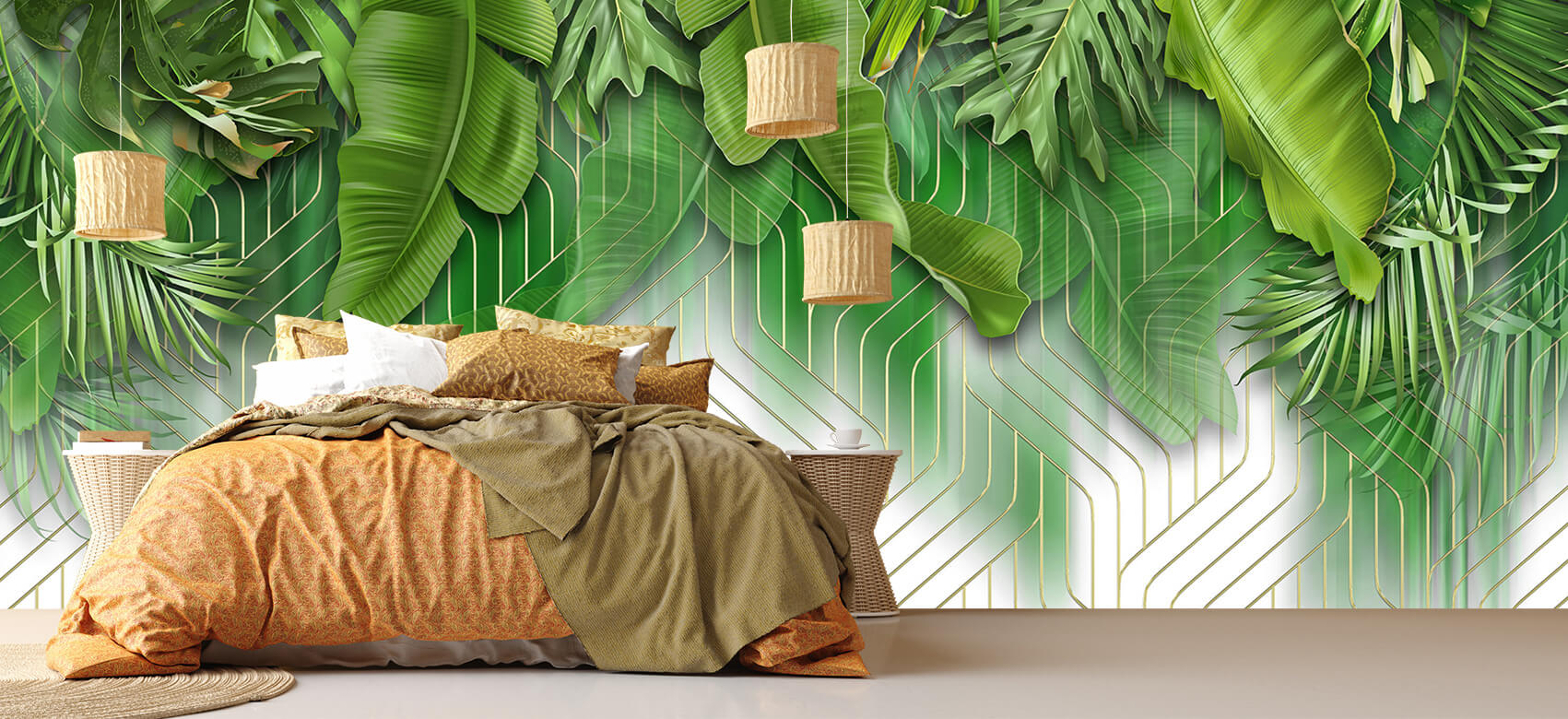 Wallpaper Efecto de líneas doradas con hojas verdes 4
