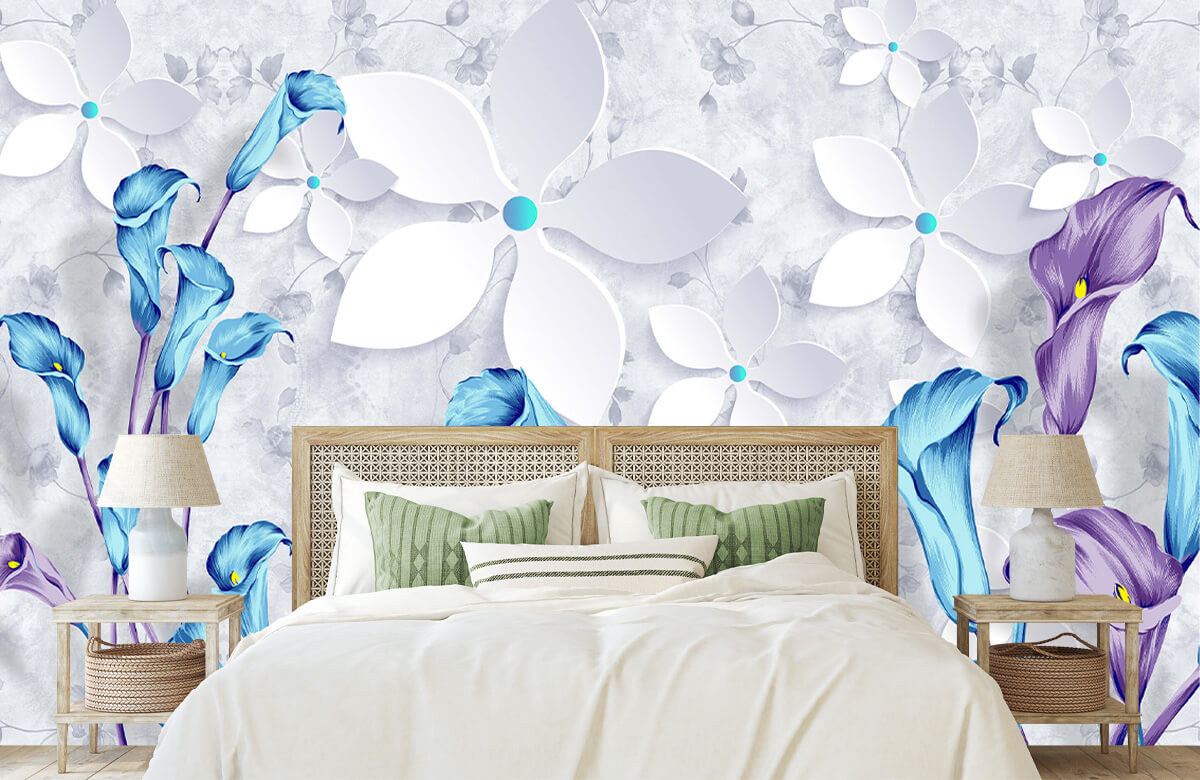 Wallpaper Flores blancas y azules 4