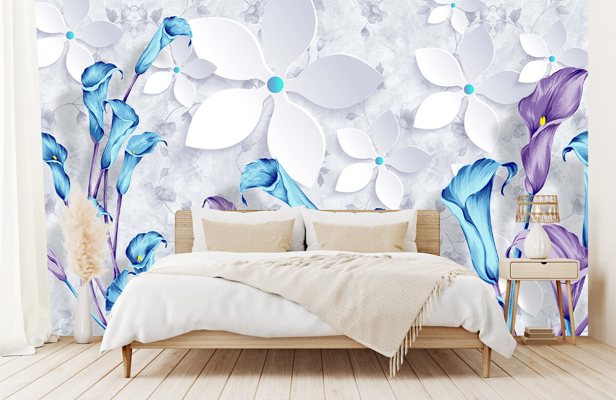 Wallpaper Flores blancas y azules 1